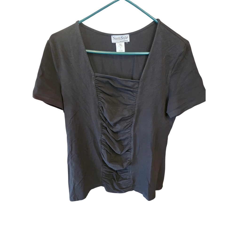 NorthStyle Womens Black Ruched Square Neck Short Sleeve Cotton Knit Top Large